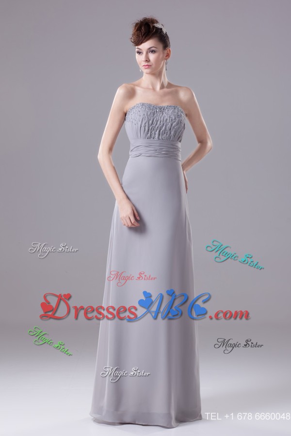 Ruching And Beading Decorated Strapless Long Mothers Dress In Gray