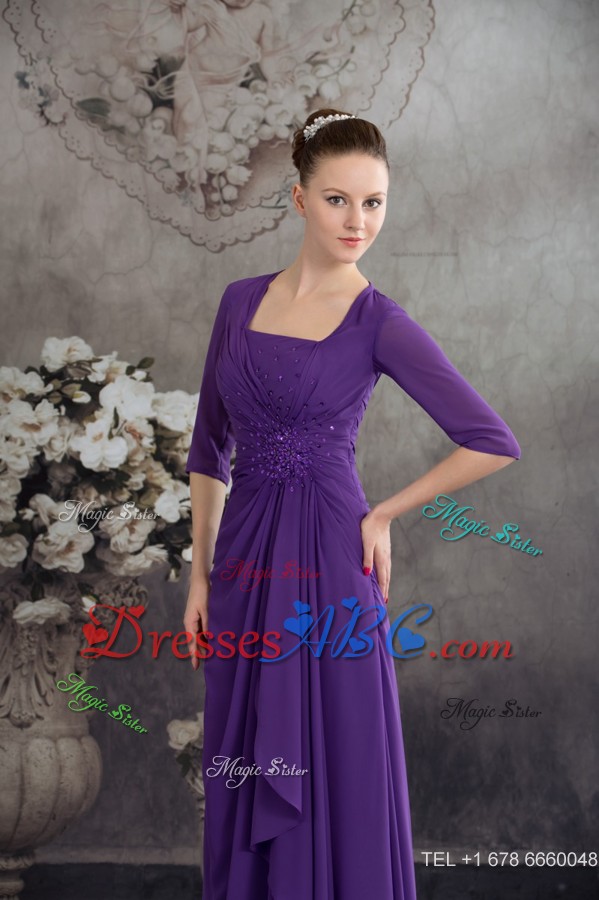 Purple Half Sleeves Square Mother In Law Dress with Ruffles and Beadings
