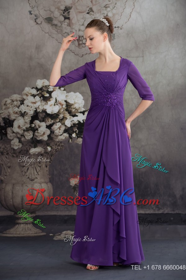 Purple Half Sleeves Square Mother In Law Dress with Ruffles and Beadings