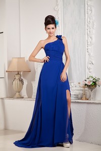 Modest Royal Blue Princess Prom Dress One Shoulder Chiffon Beading And Bow Brush Train