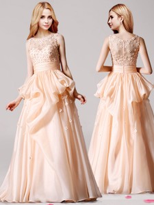 Wonderful Scoop Applique and Pick Ups Prom Dress in Peach