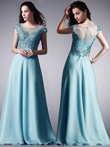 Luxurious Scoop Cap Sleeves Light Blue Prom Dress with Appliques