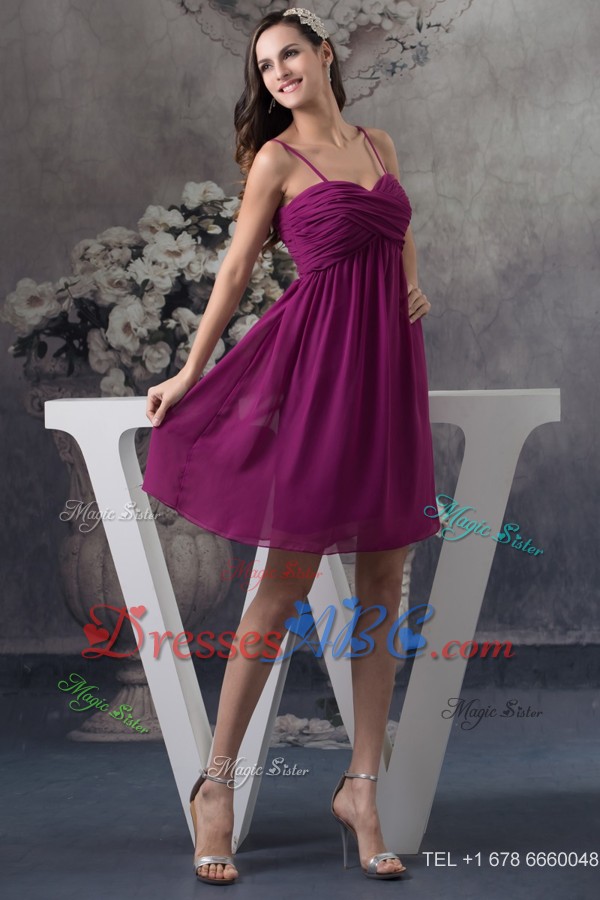 Popular Spaghetti Straps Ruched Dark Purple Short Prom Dress