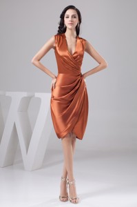 Ruched Orange Mothers Dress For Weddings With Surpliced V-neck