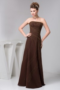 Brown Strapless Long Mothers Dress For Weddings With Beading