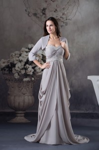 Ruffled and Beaded Grey Prom Graduation Dress with Court Train