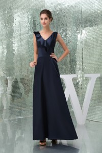 Ankle-length V-neck Fitted Navy Blue Mother of the Bride Dress