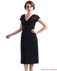 Cap Sleeves Black Mother Of The Bride Dress With Beading And Ruching