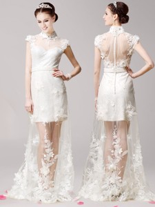 Elegant High Neck Cap Sleeves White Mother Of The Bride Dress With Lace And Appliques