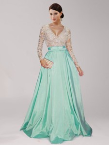Sweet Deep V Neckline Beaded And Belted Mother Of The Bride Dress In Apple Green