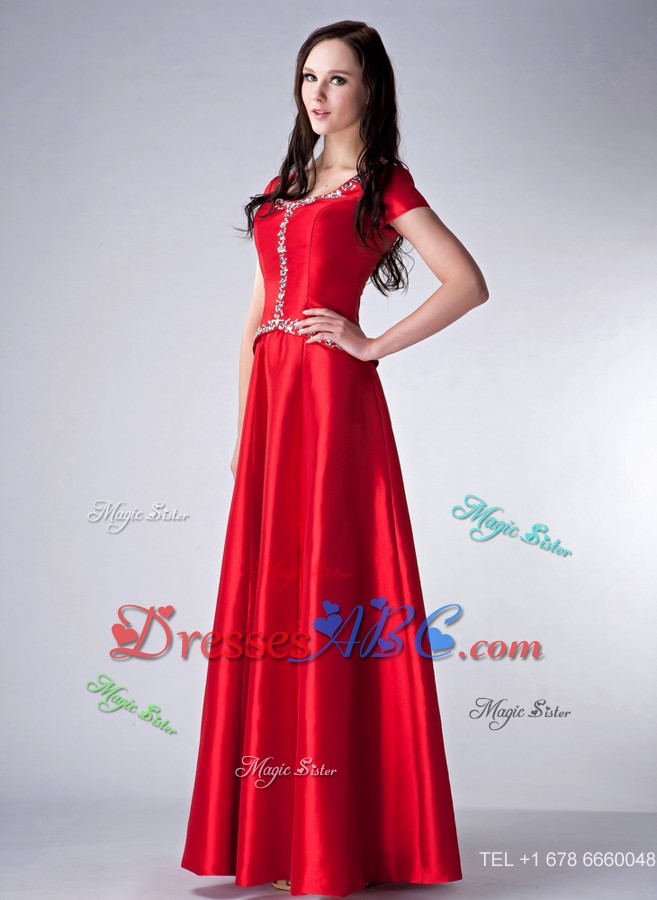 Red Empire Scoop Floor-length Satin Beading Bridesmaid Dress