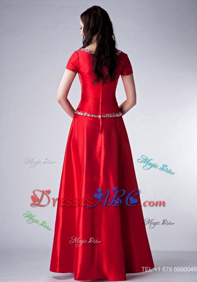 Red Empire Scoop Floor-length Satin Beading Bridesmaid Dress