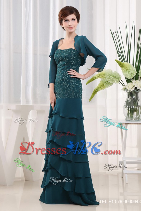 Beading Column Strapless Chiffon Floor-length Teal Mother Of The Bride Dress