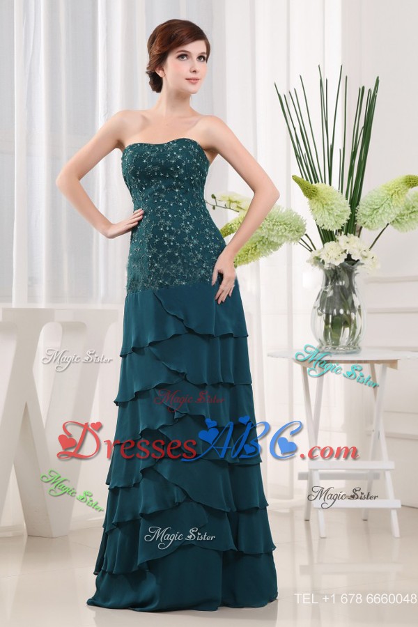 Beading Column Strapless Chiffon Floor-length Teal Mother Of The Bride Dress