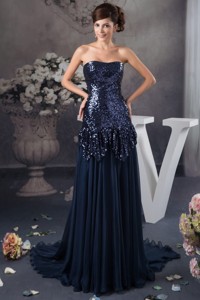 Sequins Decorate Bodice Court Train Mothers Dress In Navy Blue