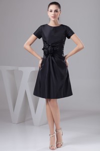 Ruches And Flowers Accent Black Mothers Dress For Weddings