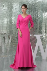 V-neck 3/4 Sleeves Hot Pink Mother Bride Dress with Brush Train