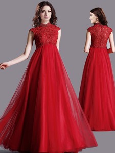 Classical High Neck Cap Sleeves Lace Mother Of The Bride Dress In Red