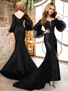 Mermaid Deep V Neckline Long Sleeves Black Mother Of The Bride Dress In Satin And Lace
