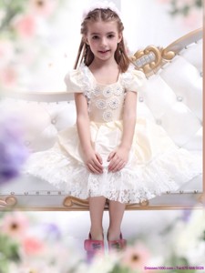 Gorgeous Champagne Flower Girl Dress with Hand Made Flower and Lace 