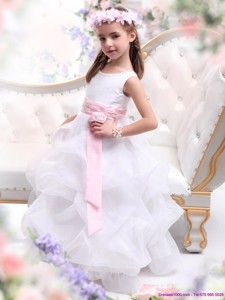 Scoop White Flower Girl Dress with Sash and Ruffles 