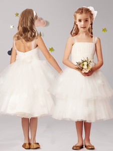 Simple Straps Applique and Ruffled Layers Flower Girl Dress in White 