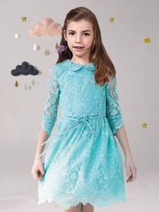 Unique Scoop Laced and Sashed Flower Girl Dress in Aqua Blue 