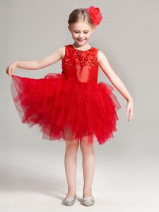 2017 Luxurious Scoop Red Flower Girl Dress with Appliques and Ruffles 