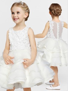 Discount Button Up Flower Girl Dress with Appliques and Ruffled Layers 