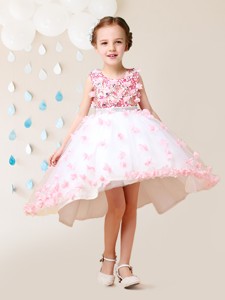 Elegant Applique Decorated Skirt White and Pink Flower Girl Dress in High Low 