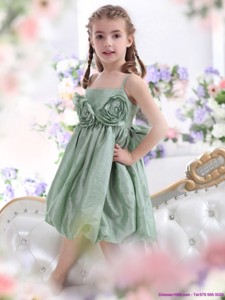 Unique Spaghetti Straps Flower Girl Dress with Waistband and Hand Made Flower 