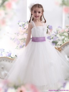 New Style White Little Girl Pageant Dress With Lilac Sash