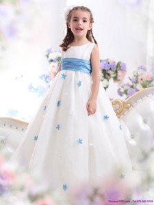 White Scoop Flower Girl Dress with Baby Blue Waistband and Appliques 