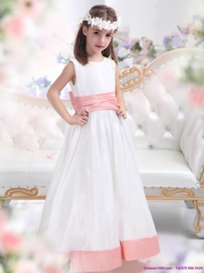 White Scoop Flower Girl Dress With Pink Waistband
