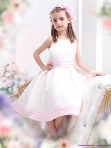 White Scoop Flower Girl Dress with Light Pink Bowknot 