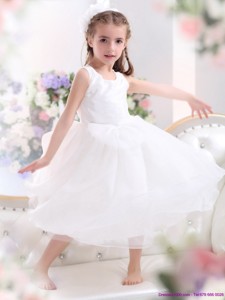 Popular Scoop White Bowknot A Line Flower Girl Dress