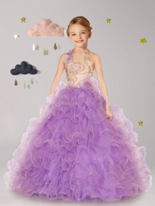 Inexpensive Halter Top Organza Flower Girl Dress with Hand Made Flowers and Ruffles 