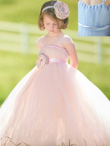 Pretty Straps Baby Blue Flower Girl Dress with Hand Made Flower 