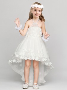 Exclusive High Low Halter Top Flower Girl Dress with Appliques and Bowknot 