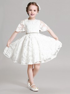 Best Selling Applique and Beaded Flower Girl Dress with Short Sleeves 