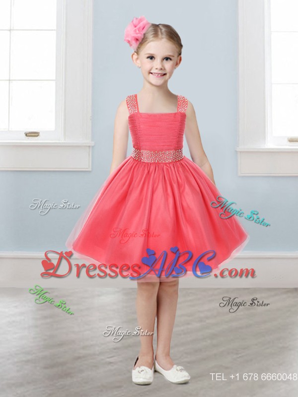 Gorgeous Straps Beading and Bowknot Little Girl Pageant Dress in Mini Length 