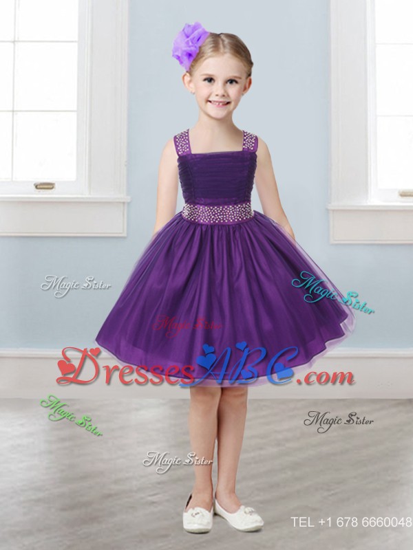 Gorgeous Straps Beading and Bowknot Little Girl Pageant Dress in Mini Length 