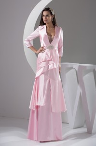 Plunging V-neck Baby Pink Mother of The Bride Dress 3/4 Length Sleeve
