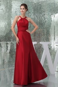 Ruched High-Neck Floor-length Mother Bride Dress in Wine Red