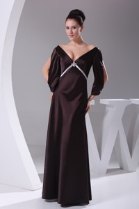 V-neck 3/4 Sleeves Beading Empire Long Mother Of The Bride Dress