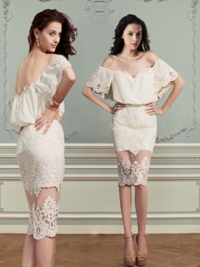 Elegant Off The Shoulder Short Sleeves Lace Mother Of The Bride Dress In Champagne