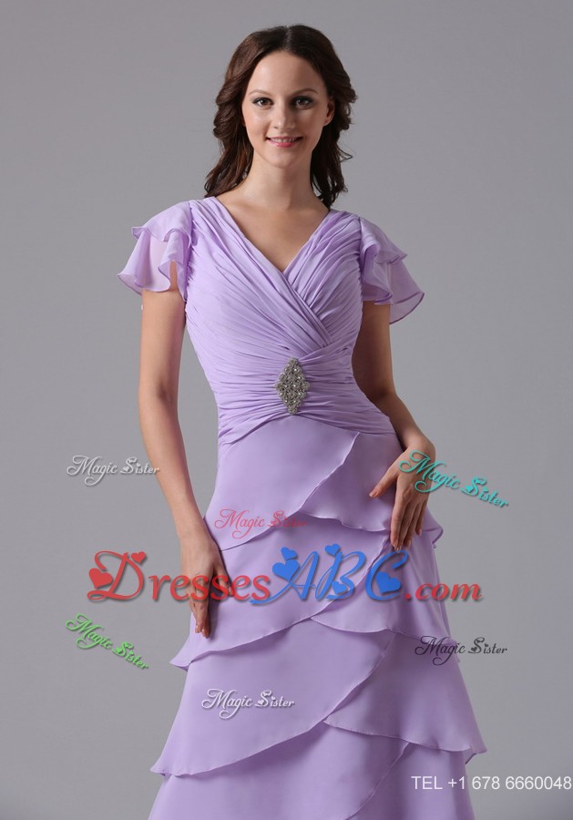 Lavender V-neck Ruffled Layeres Mother Of The Bride Dress With Beading And Ruch In Louisiana