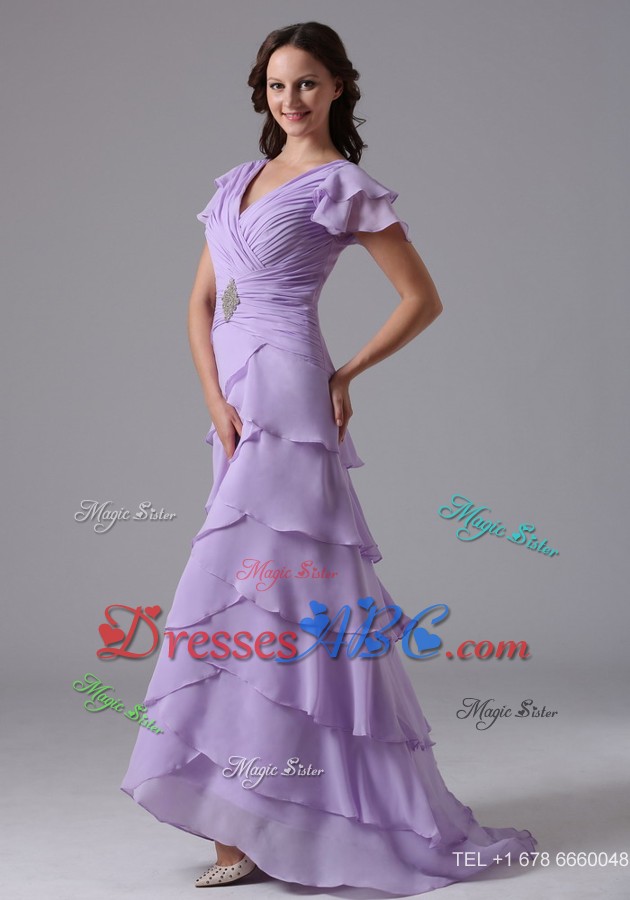 Lavender V-neck Ruffled Layeres Mother Of The Bride Dress With Beading And Ruch In Louisiana