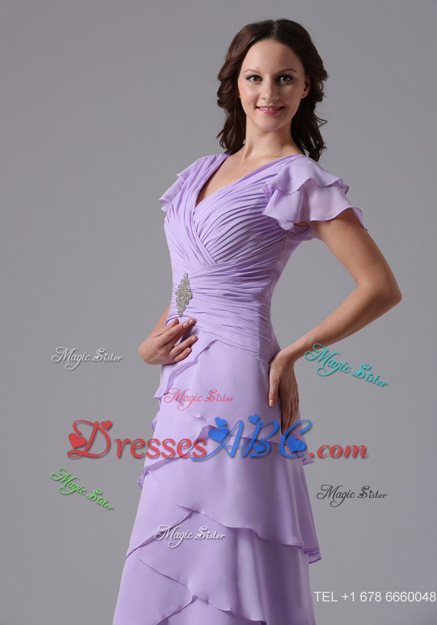 Lavender V-neck Ruffled Layeres Mother Of The Bride Dress With Beading And Ruch In Louisiana