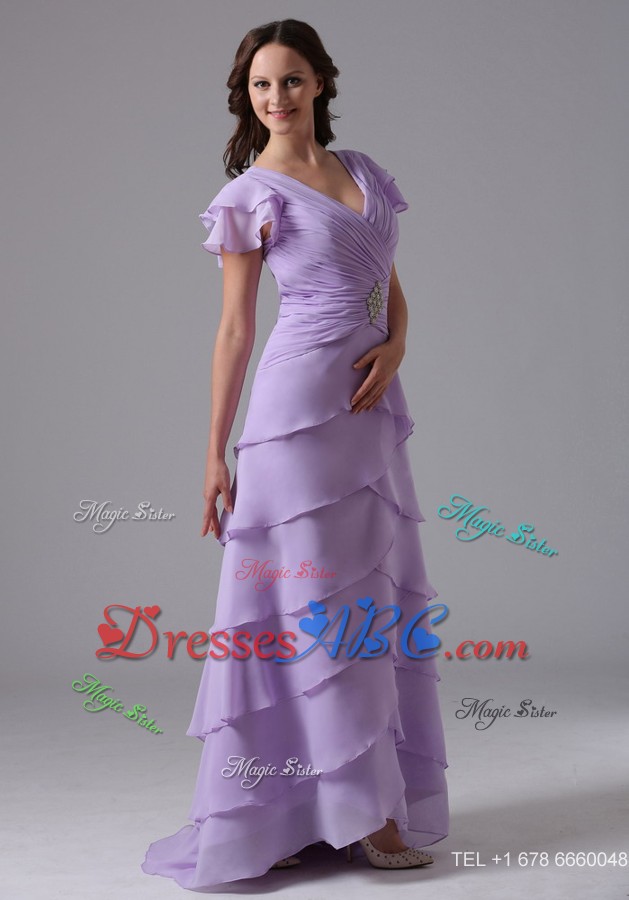 Lavender V-neck Ruffled Layeres Mother Of The Bride Dress With Beading And Ruch In Louisiana